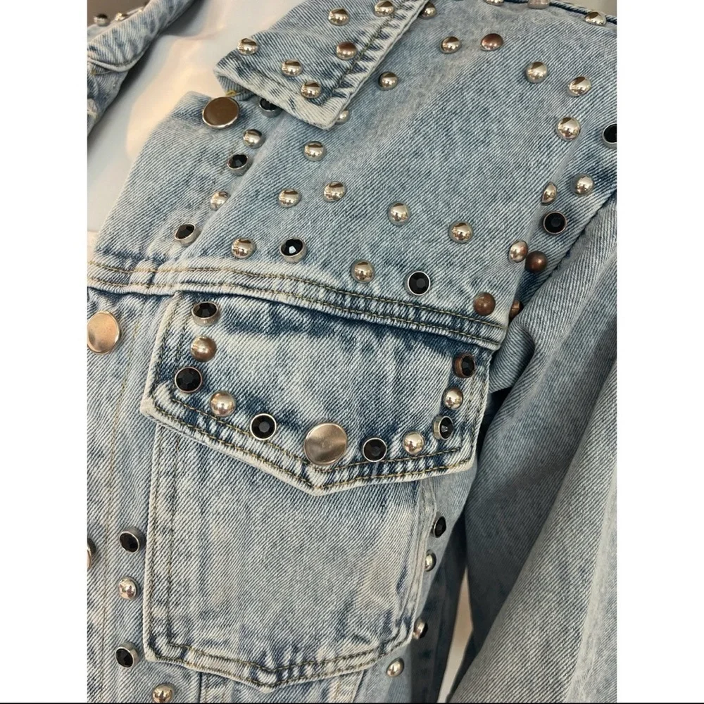 GALITA denim stud crop jean jacket M L - Picture 5 of 8